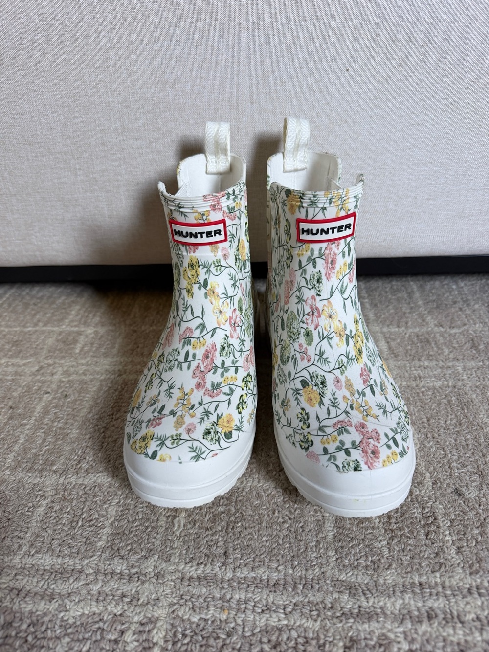 Hunter Ankle Boots White Floral Waterproof Rain Boots with Pink & Yellow Flowers